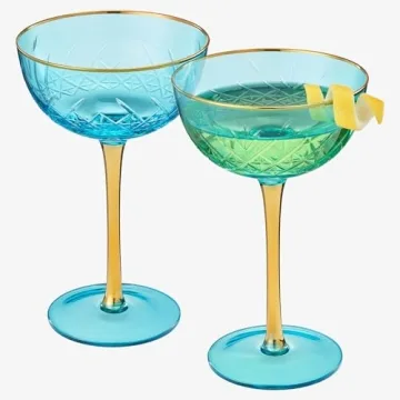 Vintage Art Deco Coupe for Champagne, Martini, Cocktails | Set of 2 | 7 oz Classic Cocktail Glassware - Manhattan, Cosmopolitan, Sidecar, Crystal Speakeasy Style Saucer Goblets with Stems (Blue)