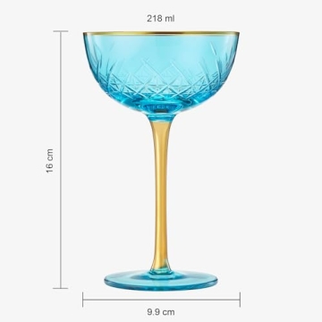 Vintage Art Deco Coupe for Champagne, Martini, Cocktails | Set of 2 | 7 oz Classic Cocktail Glassware - Manhattan, Cosmopolitan, Sidecar, Crystal Speakeasy Style Saucer Goblets with Stems (Blue)