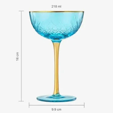 Vintage Art Deco Coupe for Champagne, Martini, Cocktails | Set of 2 | 7 oz Classic Cocktail Glassware - Manhattan, Cosmopolitan, Sidecar, Crystal Speakeasy Style Saucer Goblets with Stems (Blue)