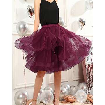 DRESSTELLS Tulle Skirt: Elegant A-Line Elastic Waist Party Midi Skirt in Burgundy