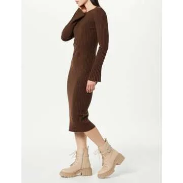 The Drop Women's Fernanda Bell Sleeve Ribbed Sweater Dress Coffee Bean, S