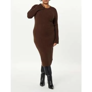 The Drop Women's Fernanda Bell Sleeve Ribbed Sweater Dress Coffee Bean, S