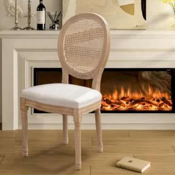 SoarFlash French Dining Chairs Set of 2, Vantage Dining Chair with Round Back, Wood Leg Farmhouse Country Rattan Dining Chair for Kitchen,Bedroom,Beige