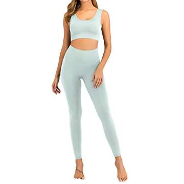 MEIVSO Women's Ribbed Workout High Waist Seamless Leggings+Sports Bras Yoga Outfits Sets 2 Piece Light Blue M