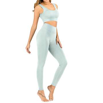 MEIVSO Women's Ribbed Workout High Waist Seamless Leggings+Sports Bras Yoga Outfits Sets 2 Piece Light Blue M