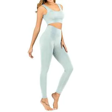 MEIVSO Women's Ribbed Workout High Waist Seamless Leggings+Sports Bras Yoga Outfits Sets 2 Piece Light Blue M