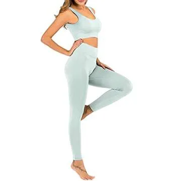 MEIVSO Women's Ribbed Workout High Waist Seamless Leggings+Sports Bras Yoga Outfits Sets 2 Piece Light Blue M