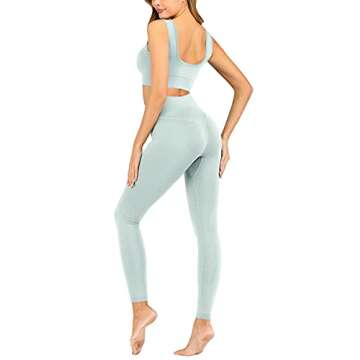 MEIVSO Women's Ribbed Workout High Waist Seamless Leggings+Sports Bras Yoga Outfits Sets 2 Piece Light Blue M