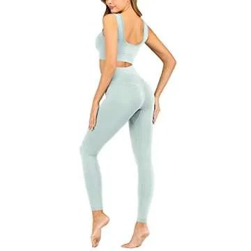 MEIVSO Women's Ribbed Workout High Waist Seamless Leggings+Sports Bras Yoga Outfits Sets 2 Piece Light Blue M