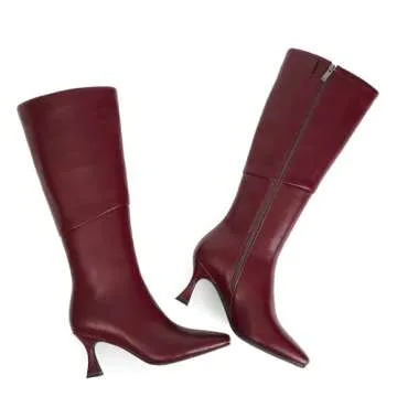 Modatope Burgundy Long Boots for Women Knee High Boots Kitten Heel Tall Boots Square Toe Knee High Boots Side Zipper Size 10