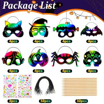 Natonhi 32Pcs Halloween Crafts for Kids Rainbow Scratch Mask, Halloween Games Scratch Art and Craft Kit Halloween Classroom Activities Favors Party Supplies