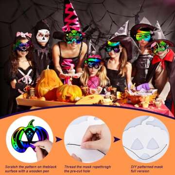 Natonhi 32Pcs Halloween Crafts for Kids Rainbow Scratch Mask, Halloween Games Scratch Art and Craft Kit Halloween Classroom Activities Favors Party Supplies