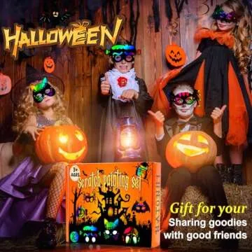Natonhi 32Pcs Halloween Crafts for Kids Rainbow Scratch Mask, Halloween Games Scratch Art and Craft Kit Halloween Classroom Activities Favors Party Supplies