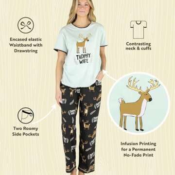 Lazy One Women's Pajama Set, Short Sleeves with Cute Prints, Relaxed Fit, Deer, Animal, Hunting (Trophy Husband, X-Small)