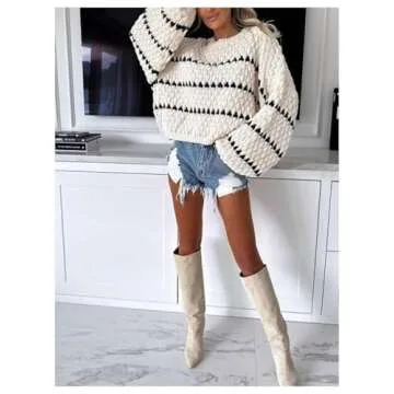 GORGLITTER Women's Striped Oversized Loose Sweater Cable Knit Long Sleeve Crew Neck Fall Winter Fahion Outfits 2024 White Striped Large
