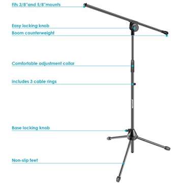 Neewer Tripod Boom Floor Microphone Stand - Aluminium Alloy, Adjustable Height Maximum 37.4 inches/95 centimeters, Foldable, Tilting Rotating for Stage or Studio Use (NW006-1)