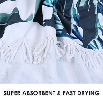 KIMODE Thick Round Beach Towel, Large Microfiber Soft Terry Circle Beach Towel Blanket with Cotton Tassels Super Water Absorbent 59 Inches Oversized Picnic Carpet Yoga Mat (59 in, Palm Leaf)