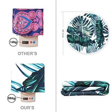 KIMODE Thick Round Beach Towel, Large Microfiber Soft Terry Circle Beach Towel Blanket with Cotton Tassels Super Water Absorbent 59 Inches Oversized Picnic Carpet Yoga Mat (59 in, Palm Leaf)