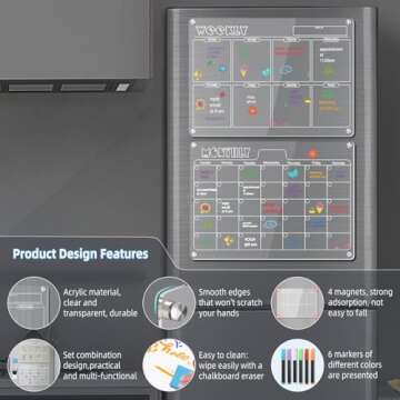 Hivillexun 16.5"x12" Clear Acrylic Magnetic Dry Erase Calendar Board with Monthly & Weekly Planner, ...