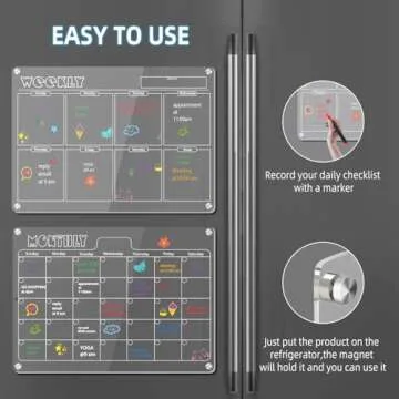 Hivillexun 16.5"x12" Clear Acrylic Magnetic Dry Erase Calendar Board with Monthly & Weekly Planner, 6 Markers & Large Eraser for Fridge, Office, Home (White)