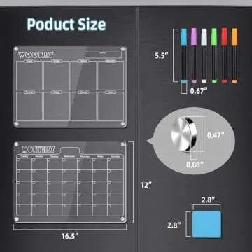 Hivillexun 16.5"x12" Clear Acrylic Magnetic Dry Erase Calendar Board with Monthly & Weekly Planner, 6 Markers & Large Eraser for Fridge, Office, Home (White)