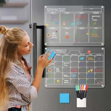 Hivillexun 16.5"x12" Clear Acrylic Magnetic Dry Erase Calendar Board with Monthly & Weekly Planner, 6 Markers & Large Eraser for Fridge, Office, Home (White)