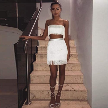 Stylish Womens 2 Piece Outfits with Tassels and Crop Top White
