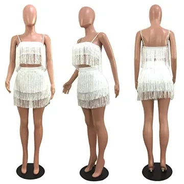 Stylish Womens 2 Piece Outfits with Tassels and Crop Top White