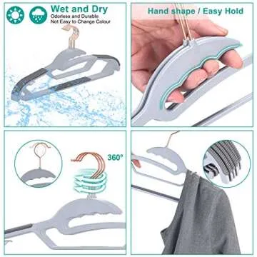 TIMMY Plastic Hangers, 50 Pack Ultra Thin Non Slip Clothes Hanger Space Saving Coat Hangers, 360°Rotating Rose Gold Hook Hanger Heavy Duty Pant Hangers (Grey)