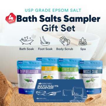 New Bath Salts Gift Set Epsom Salts Sampler 4-Pack (2-lbs Each, 8-lbs Total) Bath Salts with Pure Essential Oils Boxed Set Gift Box for Bath Soak Lovers