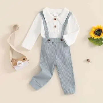 Kaipiclos Newborn Baby Boy Clothes Rib Knit Long Sleeve Romper Cute Suspender Pants Solid Infant Fal...