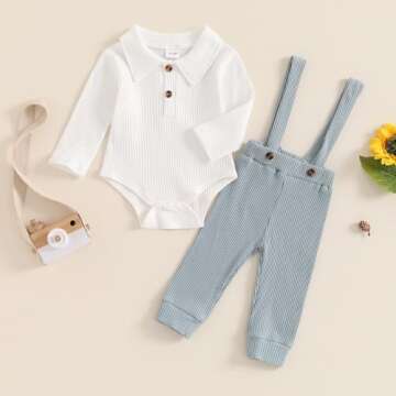 Kaipiclos Newborn Baby Boy Clothes Rib Knit Long Sleeve Romper Cute Suspender Pants Solid Infant Fall Winter Gentleman Outfit (White Blue, 0-3 Months)