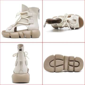 GLBDU Women's Genuine Leather Peep Toe High Top Platform Sandals Vintage Casual Hollow Lace Up Back Zipper Chunky Wedge Ankle Boots Comfortable Breathable Roman Sandals (Beige,4.5)