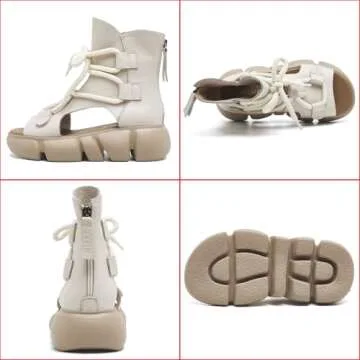 GLBDU Women's Genuine Leather Peep Toe High Top Platform Sandals Vintage Casual Hollow Lace Up Back Zipper Chunky Wedge Ankle Boots Comfortable Breathable Roman Sandals (Beige,4.5)