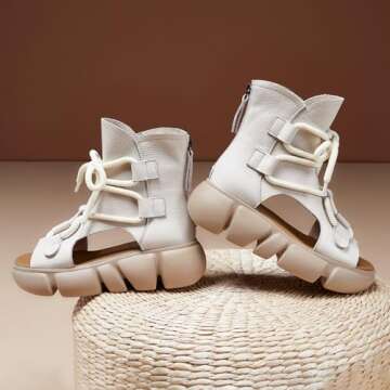 GLBDU Women's Genuine Leather Peep Toe High Top Platform Sandals Vintage Casual Hollow Lace Up Back Zipper Chunky Wedge Ankle Boots Comfortable Breathable Roman Sandals (Beige,4.5)