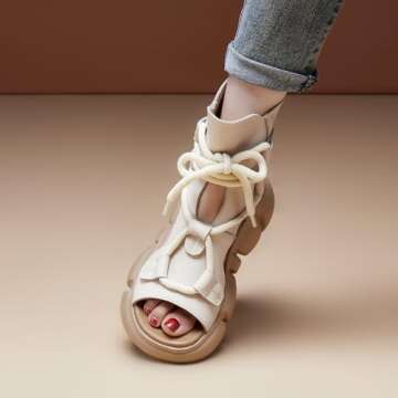 GLBDU Women's Genuine Leather Peep Toe High Top Platform Sandals Vintage Casual Hollow Lace Up Back Zipper Chunky Wedge Ankle Boots Comfortable Breathable Roman Sandals (Beige,4.5)