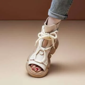 GLBDU Women's Genuine Leather Peep Toe High Top Platform Sandals Vintage Casual Hollow Lace Up Back Zipper Chunky Wedge Ankle Boots Comfortable Breathable Roman Sandals (Beige,4.5)