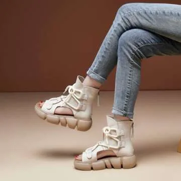 GLBDU Women's Genuine Leather Peep Toe High Top Platform Sandals Vintage Casual Hollow Lace Up Back Zipper Chunky Wedge Ankle Boots Comfortable Breathable Roman Sandals (Beige,4.5)