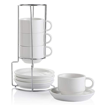 Sweejar Porcelain Espresso Cups with Saucers, 4 Ounce Stackable Cappuccino Cups with Metal Stand for...