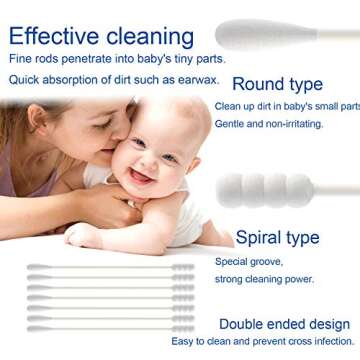 Baby Cotton Swabs, Paper Sticks Cotton Buds for Baby Ear Nose Clean-200Pcs(Spiral & Round)