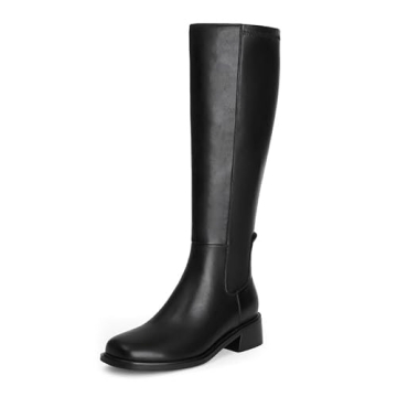 QIY Stylish Black Knee High Boots for Women - Comfortable Low Heel & Square Toe