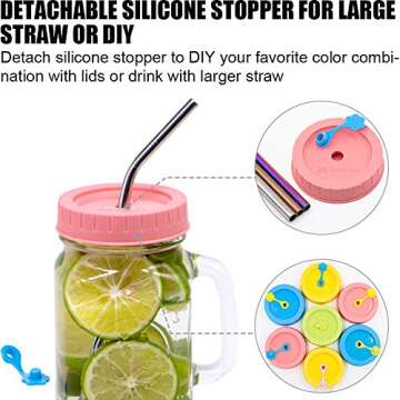 [26 Pack] WIDE Mouth Mason Jar Lids for Ball, Kerr, etc with Straw Hole/Straws/Silicone Stoppers/Rings/Clean Brush, Rust-proof BPA Free Colored Plastic Mason/Canning Jar Drinking Lids/Food Storage Cap