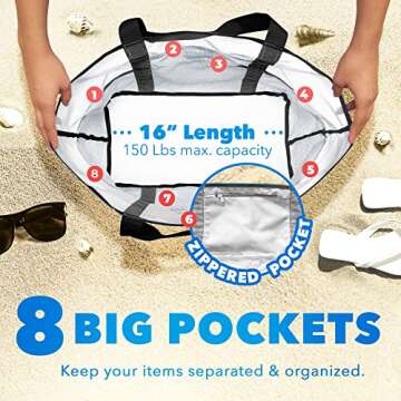 Dejaroo - Sand Free Mesh Bag - Strong Lightweight Tote For Beach & Vacation Essentials. Tons of Storage with 8 Pockets, Foldable, 17x9x15 inches, White with Black Straps