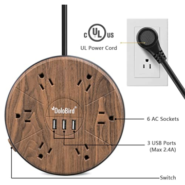 Power Strip 6 AC outlets with 3 USB Ports Charging Station Extension Cord Right Angle Flat Plug Widely Spaced Multi Outlets Circuit Breaker Safeguard for Home,Office, Dorm Room