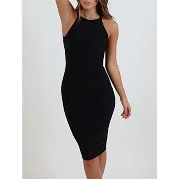 BEAGIMEG Womens Spaghetti Strap O Neck Bodycon Midi Club Party Dress Black, Black, Large