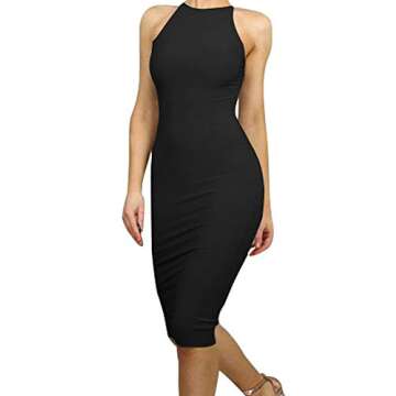 BEAGIMEG Womens Spaghetti Strap O Neck Bodycon Midi Club Party Dress Black, Black, Large