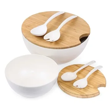 Clean Dezign Large Salad and Serving Bowl with Bamboo Wood Lid and Servers 8pc Set - 11.5" and 8" Ba...