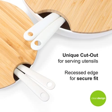 Clean Dezign Large Salad and Serving Bowl with Bamboo Wood Lid and Servers 8pc Set - 11.5" and 8" Bamboo Fiber Pasta Bowls and Utensils with Wooden Cutting Board Tops (Natural White)