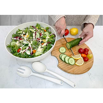 Clean Dezign Large Salad and Serving Bowl with Bamboo Wood Lid and Servers 8pc Set - 11.5" and 8" Bamboo Fiber Pasta Bowls and Utensils with Wooden Cutting Board Tops (Natural White)