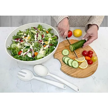 Clean Dezign Large Salad and Serving Bowl with Bamboo Wood Lid and Servers 8pc Set - 11.5" and 8" Bamboo Fiber Pasta Bowls and Utensils with Wooden Cutting Board Tops (Natural White)
